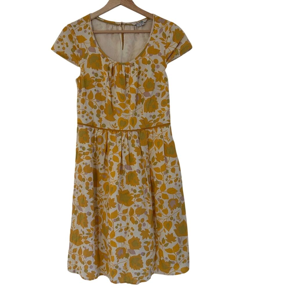 Boden Linen Dress Yellow Floral A Line Knee Length Summer Cottagecore Cap Sleeve - Picture 5 of 11